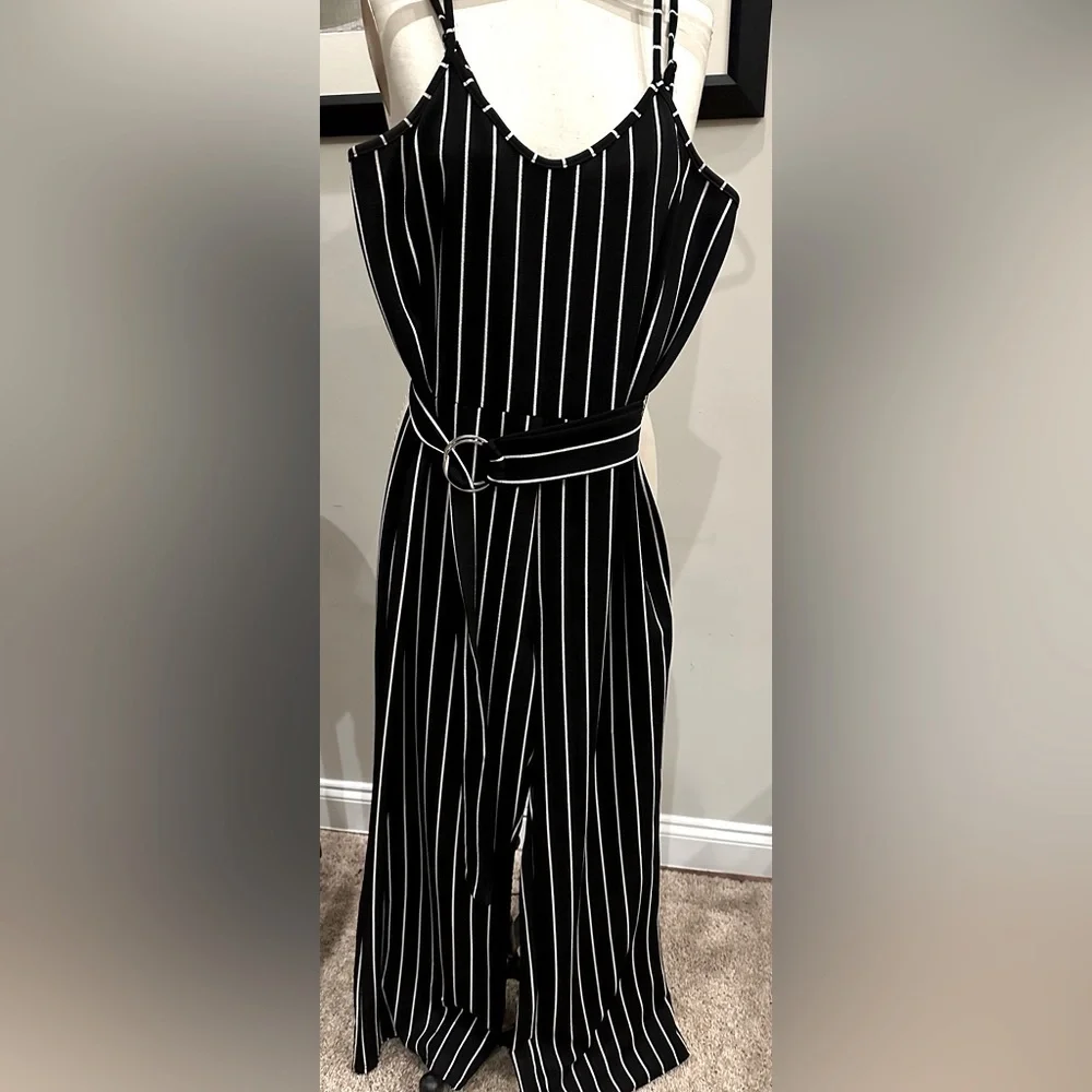 Rue21 Striped Wide Leg Jumpsuit Size Large Black Spaghetti Strap